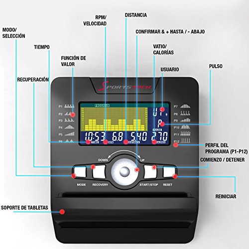 Sportstech ESX500 Bicicleta estática - Marca de Calidad Alemana - Vídeos en Directo y App multijugador + Pantalla de 5,5", Masa de Volante de 12KG, Compatible con pulsómetro - Correa silenciosa
