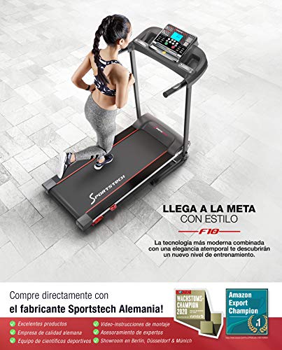 Sportstech F10 Cinta de Correr Modelo 2020 - Marca de Calidad Alemana + Video Eventos y App multijugador - Nueva Consola - | 1HP a 10 km/h | Cinta de Andar con 13 programas, inclinable + Plegable