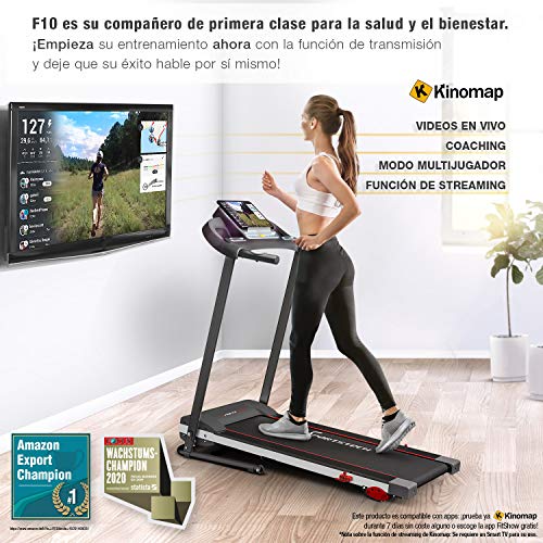 Sportstech F10 Cinta de Correr Modelo 2020 - Marca de Calidad Alemana + Video Eventos y App multijugador - Nueva Consola - | 1HP a 10 km/h | Cinta de Andar con 13 programas, inclinable + Plegable
