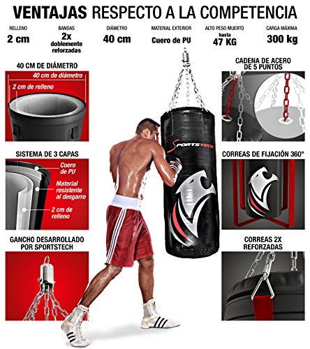 Sportstech Saco de Boxeo Profesional.Fijación de 360 Incluye póster de Entrenamiento;Nuestro BXP está Recomendado por la Asociación de Boxeo de Berlín,Ideal para Kick Boxing y Boxeo (100x40cm)