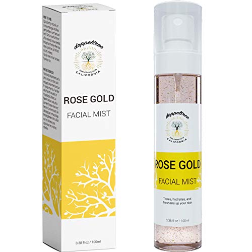 Spray facial de agua de rosas orgánica de Doppeltree - Tónico hidratante para rostro con hamamelis, aceite de rosa mosqueta y copos de oro de 24 quilates - Formulado en San Francisco