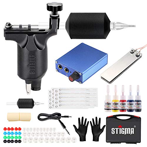 STIGMA Profesional Kit de Tatuaje Maquina para Tatuar Rotativa Maquina de Tatuaje Kit Completo 1 Maquina Negra 5 Tintas 20 Agujas Fuente de Alimentacion Pedal