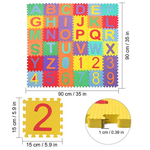 StillCool Alfombra Puzzle Niños de Letras para Niños Bebe Infantil 15cm * 15cm, 36 Piezas de Goma Espuma Suave Eva alfombras de Numeros 0 al 9 y 26 Letras (A-Z)