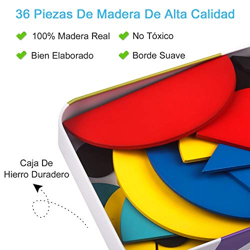 StillCool Tangram Puzzle, 36 Tangram Puzzle de Madera Montessori+ 60 PCS Diseño Tarjetas para Bloques de Patrones de Madera Animales Puzzles Juegos de Clasificación y Apilamiento para Niños(2 años +)