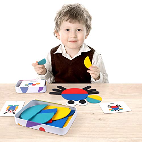 StillCool Tangram Puzzle, 36 Tangram Puzzle de Madera Montessori+ 60 PCS Diseño Tarjetas para Bloques de Patrones de Madera Animales Puzzles Juegos de Clasificación y Apilamiento para Niños(2 años +)