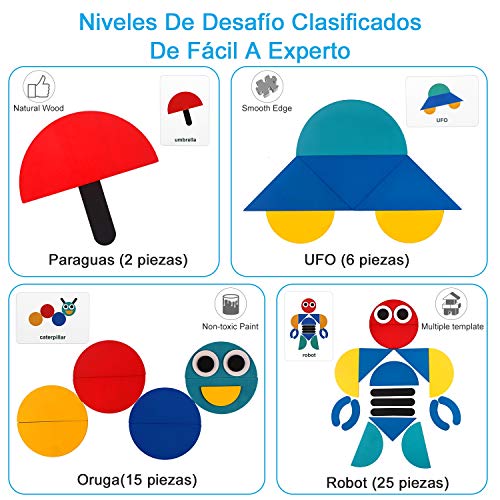 StillCool Tangram Puzzle, 36 Tangram Puzzle de Madera Montessori+ 60 PCS Diseño Tarjetas para Bloques de Patrones de Madera Animales Puzzles Juegos de Clasificación y Apilamiento para Niños(2 años +)