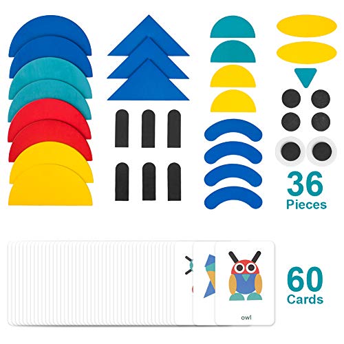 StillCool Tangram Puzzle, 36 Tangram Puzzle de Madera Montessori+ 60 PCS Diseño Tarjetas para Bloques de Patrones de Madera Animales Puzzles Juegos de Clasificación y Apilamiento para Niños(2 años +)