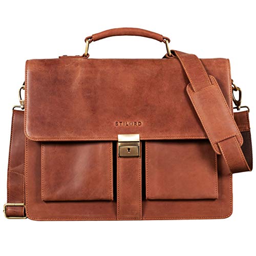 STILORD 'Eros' Maletín de Cuero de 15,6 Pulgadas portátil Bolso de Negocios Bandolera Gran Bolso de Trabajo XL Cuero Vacuno Auténtico, Color:Andorra - marrón
