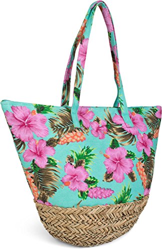 styleBREAKER Bolso para la Playa con un Colorido Estampado de hibiscos, Rafia en la Base y Cremallera, Bolso de Hombro, Bolso de Tipo «Shopper», señora 02012233, Color:Turquesa
