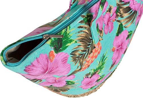 styleBREAKER Bolso para la Playa con un Colorido Estampado de hibiscos, Rafia en la Base y Cremallera, Bolso de Hombro, Bolso de Tipo «Shopper», señora 02012233, Color:Turquesa