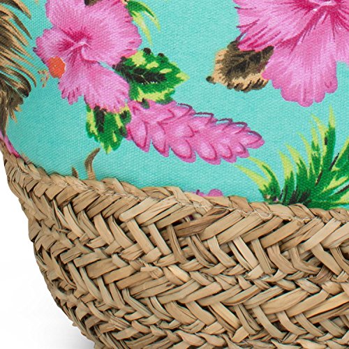 styleBREAKER Bolso para la Playa con un Colorido Estampado de hibiscos, Rafia en la Base y Cremallera, Bolso de Hombro, Bolso de Tipo «Shopper», señora 02012233, Color:Turquesa