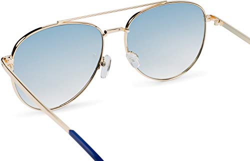 styleBREAKER Damas Aviadoras Gafas de sol con aplicación de estrás, lentes de policarbonato tintado y marco de metal 09020119, color:Montura gold/vidrio azul gradiente