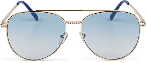 styleBREAKER Damas Aviadoras Gafas de sol con aplicación de estrás, lentes de policarbonato tintado y marco de metal 09020119, color:Montura gold/vidrio azul gradiente