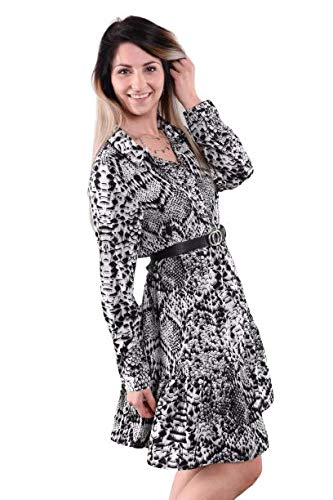styleBREAKER Minivestido de Mujer de Manga Larga con Motivo Estampado de Serpiente, Cuello de Blusa y Tapeta de Botones, Volantes, túnica, Vestido 08010061, Color:Gris-Negro-Blanco, tamaño:L