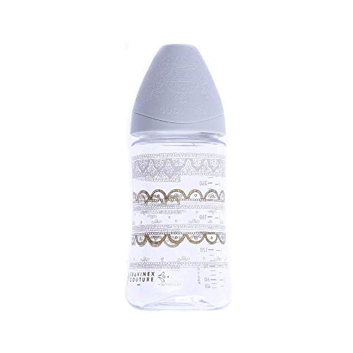 Suavinex - Biberón bebé Premium Haute Couture. Tetina redonda silicona 3 posiciones, 270ml. Biberón +0 meses. 0% BPA. diseño Étnico color blanco