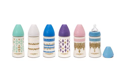 Suavinex - Biberón bebé Premium Haute Couture. Tetina redonda silicona 3 posiciones, 270ml. Biberón +0 meses. 0% BPA. diseño Étnico color blanco
