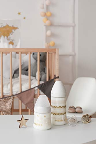 Suavinex - Biberón bebé Premium Haute Couture. Tetina redonda silicona flujo lento, 150ml. Biberón +0 meses. 0% BPA. diseño Étnico color blanco