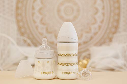 Suavinex - Biberón bebé Premium Haute Couture. Tetina redonda silicona flujo lento, 150ml. Biberón +0 meses. 0% BPA. diseño Étnico color blanco