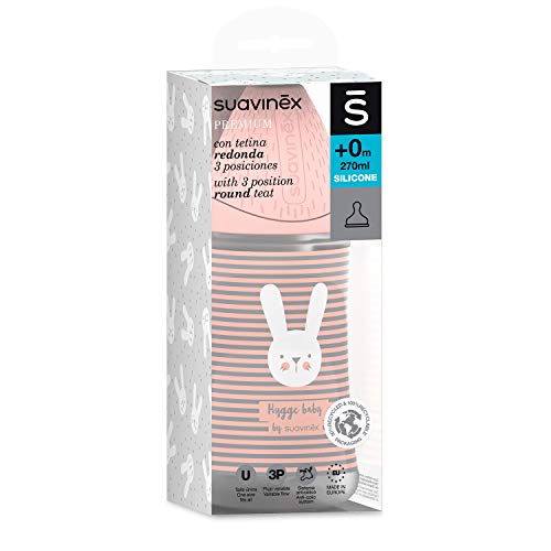 Suavinex Biberón Premium Tetina Redonda de Silicona 3 Posiciones 0% BPA, 270ml, Rabbit Rosa