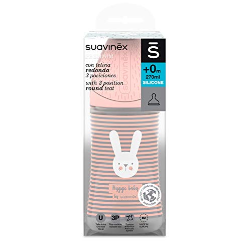 Suavinex Biberón Premium Tetina Redonda de Silicona 3 Posiciones 0% BPA, 270ml, Rabbit Rosa