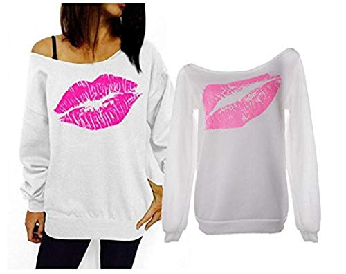 Sudadera Mujer Malla Labios Beso Boca Mujer niña Color Blanco Escote Barco Manga Larga Sexy - Talla XXL
