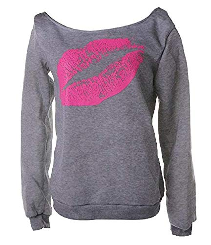 Sudadera Mujer Malla Labios Beso Boca Mujer niña Color Gris Escote Barco Manga Larga Sexy - Talla XL