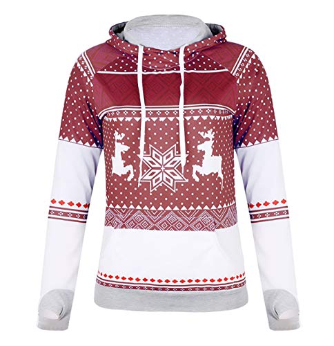Sudadera Navidad con Capucha Mujer Sudaderas Navideñas Estampadas Jersey Navideño Sueter Reno Sweaters Pullover Hoodies Largas Chica Oversize Anchas Deporte Larga Invierno Personalizadas Vino Rojo L