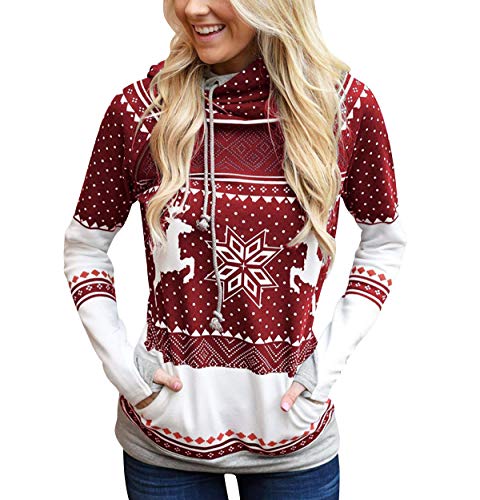 Sudadera Navidad con Capucha Mujer Sudaderas Navideñas Estampadas Jersey Navideño Sueter Reno Sweaters Pullover Hoodies Largas Chica Oversize Anchas Deporte Larga Invierno Personalizadas Vino Rojo L