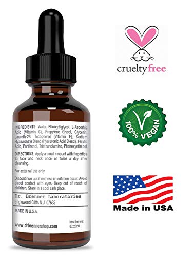 Suero de vitamina C 20 % puro ácido L-ascórbico, ácido ferúlico, vitamina E y ácido hialurónico para rostro y ojos, 30 ml, de Dr. Brenner