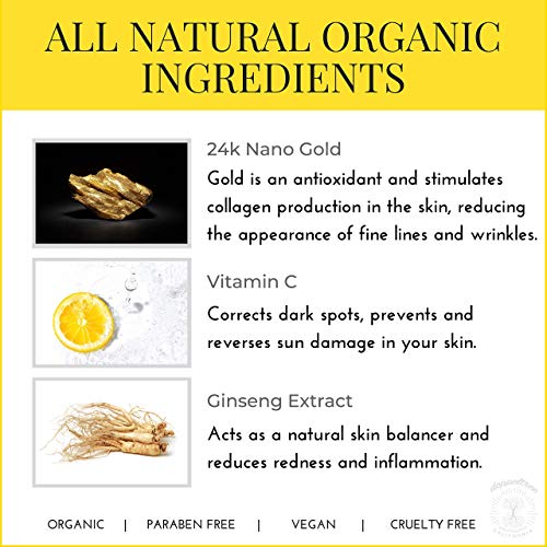 Suero facial de vitamina C orgánica con copos de oro de 24 quilates, ácido hialurónico, vitamina E - Tratamiento de cicatrices de acné, corrector de manchas oscuras, antienvejecimiento e iluminado