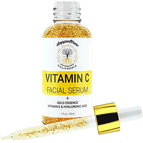 Suero facial de vitamina C orgánica con copos de oro de 24 quilates, ácido hialurónico, vitamina E - Tratamiento de cicatrices de acné, corrector de manchas oscuras, antienvejecimiento e iluminado