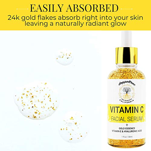 Suero facial de vitamina C orgánica con copos de oro de 24 quilates, ácido hialurónico, vitamina E - Tratamiento de cicatrices de acné, corrector de manchas oscuras, antienvejecimiento e iluminado