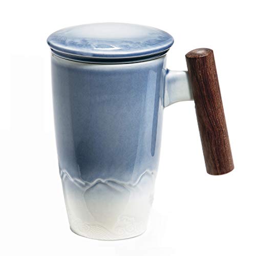 SULIVES Taza de Te Porcelana Mug Infusión con Filtro y Tapa Mango de madera 400ml (azul)
