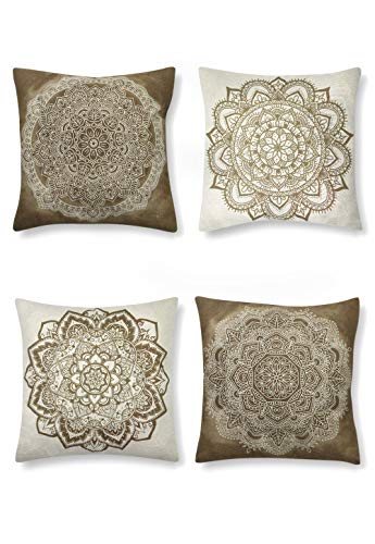 SUMGAR Fundas de cojín Mandala de café beige Fundas de cojín de boho marrón indio Fundas de almohada decorativas de bohemio para sala de estar Sofá cama Coche 45x45cm Paquete de 4