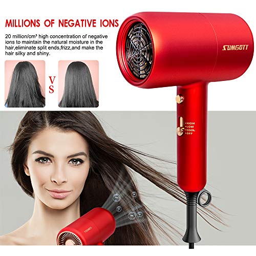 Sumgott Secador de Pelo 2300W Profesional Iónico Secador, Rojo Secador de Pelo con Difusor, con 2 Boquillas de Modelado y 1 Difusor, 3 Configuraciones de Temperatura
