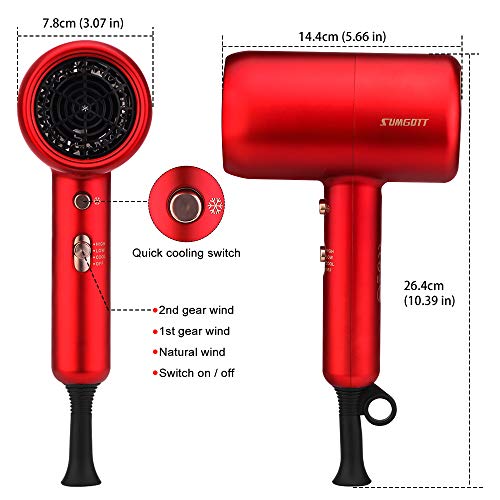 Sumgott Secador de Pelo 2300W Profesional Iónico Secador, Rojo Secador de Pelo con Difusor, con 2 Boquillas de Modelado y 1 Difusor, 3 Configuraciones de Temperatura