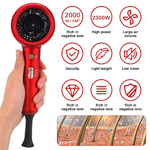 Sumgott Secador de Pelo 2300W Profesional Iónico Secador, Rojo Secador de Pelo con Difusor, con 2 Boquillas de Modelado y 1 Difusor, 3 Configuraciones de Temperatura