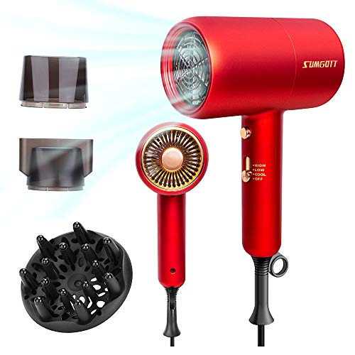 Sumgott Secador de Pelo 2300W Profesional Iónico Secador, Rojo Secador de Pelo con Difusor, con 2 Boquillas de Modelado y 1 Difusor, 3 Configuraciones de Temperatura