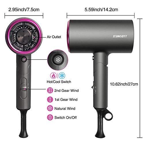 Sumgott Secador de Pelo Profesional de Iones, 1800W Secador de Pelo Plegable de Viaje Hair Dryer de Pelo Pequeño, Usando tecnología de cuidado de cabello iónico, Disponible en Tres Velocidades