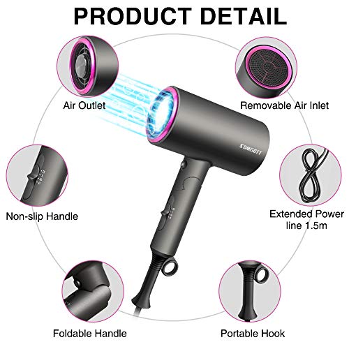 Sumgott Secador de Pelo Profesional de Iones, 1800W Secador de Pelo Plegable de Viaje Hair Dryer de Pelo Pequeño, Usando tecnología de cuidado de cabello iónico, Disponible en Tres Velocidades