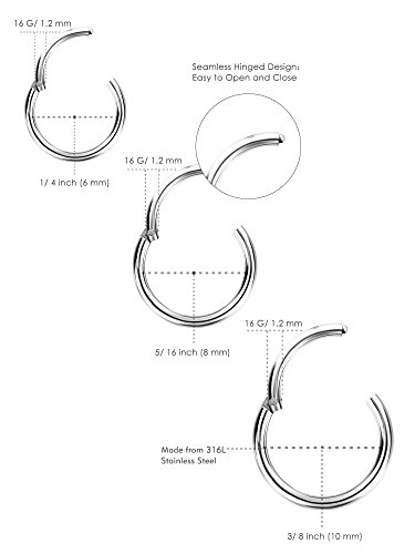 Sumind 6 Piezas 16 Gauge de Aro de Nariz de Acero Inoxidable Joyería de Piercing de Labio Oreja, 3 Tamaños (Plateado)