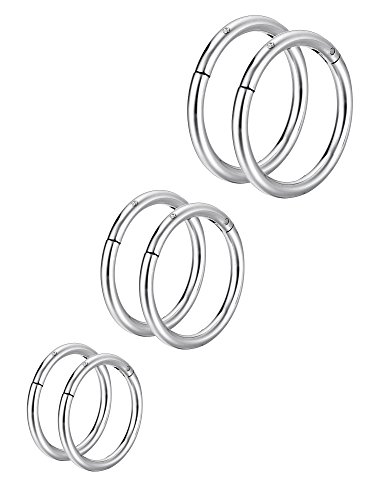 Sumind 6 Piezas 16 Gauge de Aro de Nariz de Acero Inoxidable Joyería de Piercing de Labio Oreja, 3 Tamaños (Plateado)