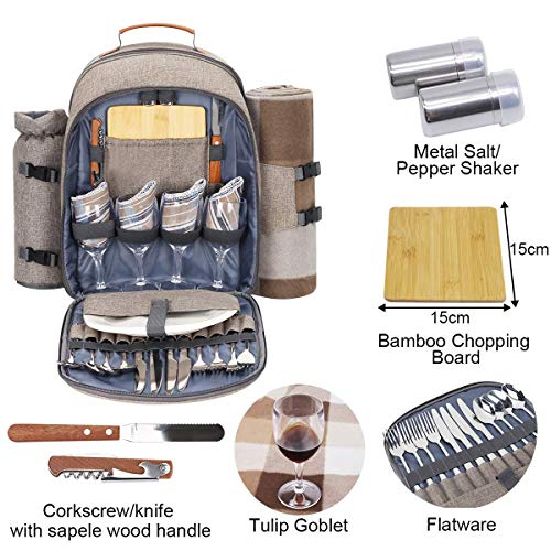 Sunflora Mochila de Picnic Set para 4 Personas con Bolsa Isotérmica y Compartimiento Nevera Impermeable de Familiar Outdoor Camping (Pincel Beige)