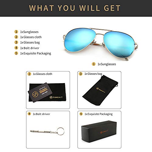 SUNGAIT Aviador Gafas de sol Polarizadas Hombre Mujer UV 400 Unisex Plateado/Azul 1603