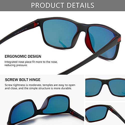 SUNGAIT Gafas de sol Hombres Mujeres Polarizadas clásicas cuadradas Diseño Negro-Rojo transparente/Mandarina K158