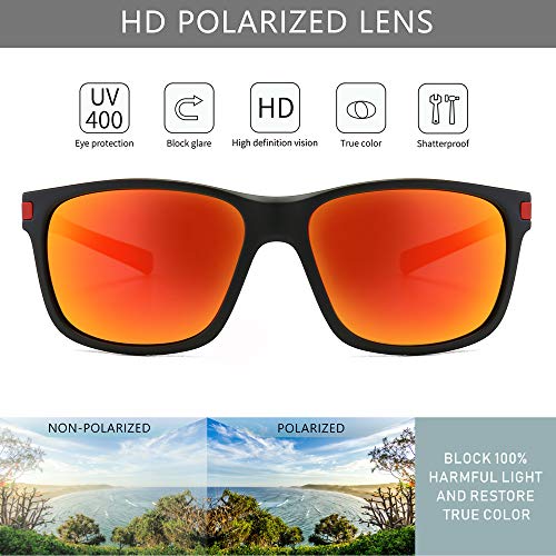 SUNGAIT Gafas de sol Hombres Mujeres Polarizadas clásicas cuadradas Diseño Negro-Rojo transparente/Mandarina K158