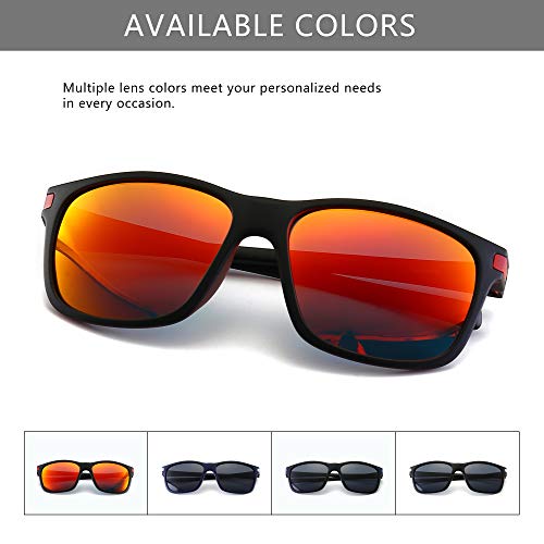 SUNGAIT Gafas de sol Hombres Mujeres Polarizadas clásicas cuadradas Diseño Negro-Rojo transparente/Mandarina K158