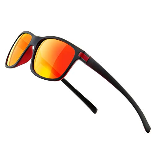 SUNGAIT Gafas de sol Hombres Mujeres Polarizadas clásicas cuadradas Diseño Negro-Rojo transparente/Mandarina K158