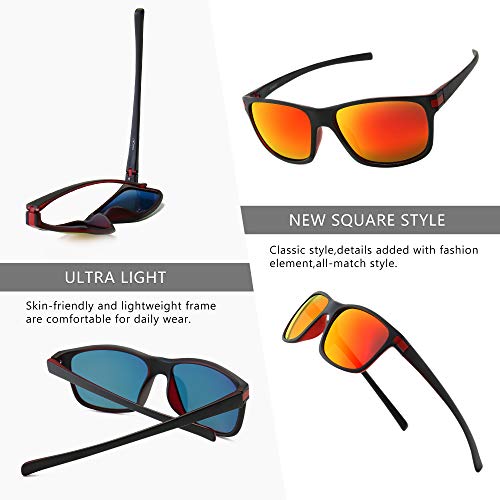 SUNGAIT Gafas de sol Hombres Mujeres Polarizadas clásicas cuadradas Diseño Negro-Rojo transparente/Mandarina K158