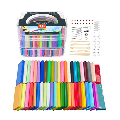 SUNNOW Arcilla Polimérica, 46 Colores Horno Bake Modelado de arcilla Craft Segura y No Tóxica DIY Modelado Craft Set y Accesorios de Arcilla en la caja de Almacenamiento Doble, Regalo Ideal para Niños